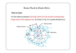 Terms Used in Chain Drive
Pitch of chain
It is the distance between the hinge centre of a link and the corresponding
hinge centre of the adjacent link, as shown in Fig. It is usually denoted by p.
 