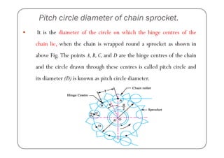 Pitch circle diameter of chain sprocket.
It is the diameter of the circle on which the hinge centres of the
chain lie, when the chain is wrapped round a sprocket as shown in
above Fig. The points A, B, C, and D are the hinge centres of the chain
and the circle drawn through these centres is called pitch circle and
its diameter (D) is known as pitch circle diameter.
its diameter (D) is known as pitch circle diameter.
 