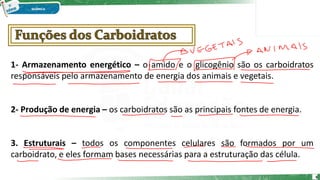 1- Armazenamento energético – o amido e o glicogênio são os carboidratos
responsáveis pelo armazenamento de energia dos animais e vegetais.
2- Produção de energia – os carboidratos são as principais fontes de energia.
3. Estruturais – todos os componentes celulares são formados por um
carboidrato, e eles formam bases necessárias para a estruturação das célula.
6
 