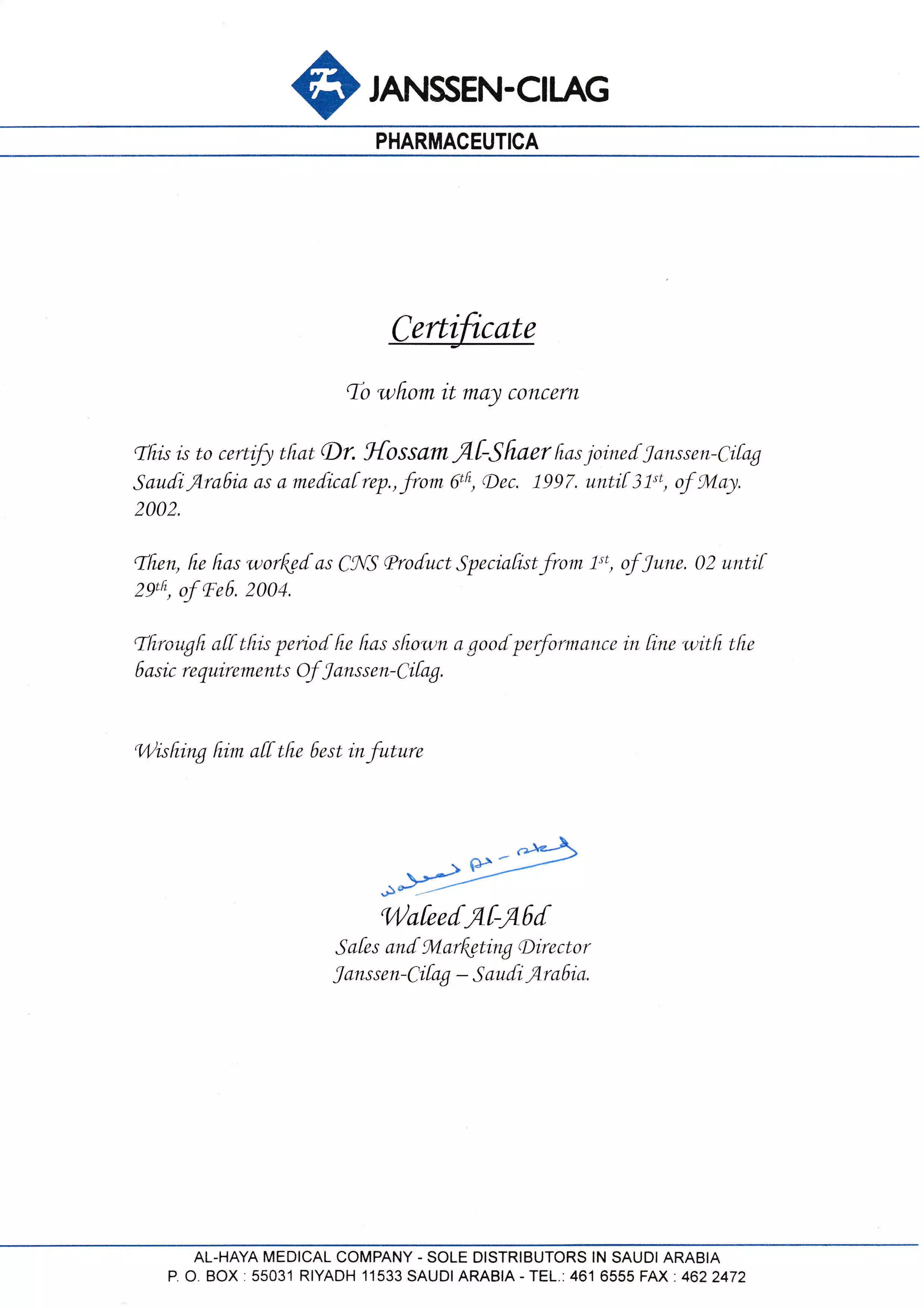 Janssen Experience Certificate | PDF