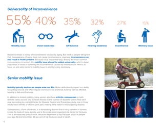 6
Universality of inconvenience
55%
Mobility issue Off-balance
35%
Incontinence
27%
Memory issue
15%
Research shows a variety of inconvenience caused by aging. But most of people will ignore
that, the weakness of aging body can cause inconvenience, reversely, inconvenience can
also result in health problem. Because it is a sequential loop. Among the most common
inconvenience in senior’s life, mobility issue shows the widest universality, which a large
population of senior is suffering the inconvenience caused by mobility issue. Hence, to
focus on and solve senior’s mobility issue in priority is very necessary.
32%
Hearing weakness
40%
Vision weakness
Mobility typically declines as people enter our 80s. Motor skills directly impact our ability
for getting around, and when regular exercise is not practiced, balance can be affected,
leading to falls and fractures.
In addition to limited mobility, many seniors also have arthritis, osteoporosis or both.
Arthritis ranks second only to heart disease in the number of disability claims filed each
year. According to a recent Center for Disease Control and Prevention study, one in three
adults have arthritis or chronic joint pain, making it the nation's most crippling disease.
Osteoporosis, a form of arthritis, is a devastating disease that is very common in seniors.
It robs the body of bone density and is the single most important risk factor for fractures.
This is an especially critical issue, because 94 percent of hip fractures occur in people
over age 50 and more than 30 percent of hip fractures result in death.
Senior mobility issue
 
