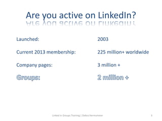 Are you active on LinkedIn?
Launched: 2003
Current 2013 membership: 225 million+ worldwide
Company pages: 3 million +
Linked in Groups Training | Debra Hermsmeier 3
 