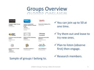 Groups Overview
 You can join up to 50 at
one time.
 Try them out and leave to
try new ones.
 Plan to listen (observe
first) then engage.
 Research members.
Sample of groups I belong to.
Linked in Groups Training | Debra Hermsmeier 5
 