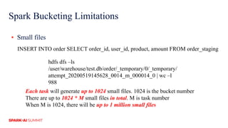 Spark Bucketing Limitations
▪ Small files
hdfs dfs –ls
/user/warehouse/test.db/order/_temporary/0/_temporary/
attempt_20200519145628_0014_m_000014_0 | wc –l
988
INSERT INTO order SELECT order_id, user_id, product, amount FROM order_staging
Each task will generate up to 1024 small files. 1024 is the bucket number
There are up to 1024 * M small files in total. M is task number
When M is 1024, there will be up to 1 million small files
 
