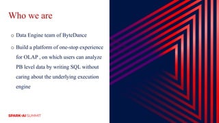 Who we are
o Data Engine team of ByteDance
o Build a platform of one-stop experience
for OLAP , on which users can analyze
PB level data by writing SQL without
caring about the underlying execution
engine
 