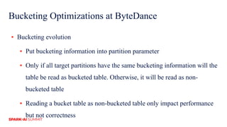 Bucketing Optimizations at ByteDance
▪ Bucketing evolution
▪ Put bucketing information into partition parameter
▪ Only if all target partitions have the same bucketing information will the
table be read as bucketed table. Otherwise, it will be read as non-
bucketed table
▪ Reading a bucket table as non-bucketed table only impact performance
but not correctness
 