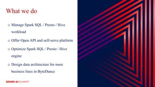 What we do
o Manage Spark SQL / Presto / Hive
workload
o Offer Open API and self-serve platform
o Optimize Spark SQL / Presto / Hive
engine
o Design data architecture for most
business lines in ByteDance
 