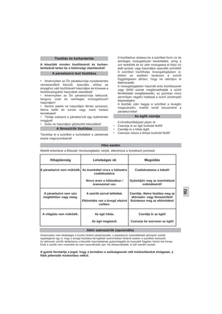 A készülék minden tisztításánál és karban-
tartásánál tartsa be a biztonsági utasításokat!
• Amennyiben az Ön páraelszívója rozsdamentes
nemesacélból készült, speciális, ehhez az
anyaghoz való tisztítószert használjon és kövesse a
tisztítószergyártó használati utasításait!
• Amennyiben az Ön páraelszívója lakkozott,
langyos vizet és semleges mosogatószert
használjon!
• Semmi esetre ne használjon fémes szivacsot,
illetve kefét és súroló vagy maró hatású
termékeket!
• Törölje szárazra a páraelszívót egy szálmentes
ronggyal!
• Soha ne használjon gőztisztító készüléket!
Távolítsa el a szűrőket a burkolatból a zárelemek
enyhe megnyomásával!
A tisztításhoz áztassa be a szűrőket forró víz és
semleges mosogatószer keverékébe, amíg a
zsír leoldódik és ez után mosogassa el folyó víz
alatt azokat, vagy használjon speciális zsíroldót!
A szűrőket tisztíthatja mosogatógépben is;
ebben az esetben tanácsos a szűrőt
függőlegesen állítani, hogy ne rakódjon le
ételmaradék.
A mosogatógépben használt erős tisztítószerek
vagy öblítő szerek megtámadhatják a szűrő
fémfelületét (megfeketedik), ez azonban nincs
semmilyen negatív hatással a szűrő zsírelnyelő
képességére.
A tisztítás után hagyja a szűrőket a levegőn
megszáradni, mielőtt ismét beszerelné a
páraelszívóba!
A következőképpen járjon el:
• Csavarja le az égő burkolat fedőt!
• Cserélje ki a hibás égőt.
• Csavarja vissza a lámpa burkolat fedőt!
Tisztítás és karbantartás
A fémszűrők tisztítása
Az égők cseréje
A páraelszívó test tisztítása
Hiba esetén
Mielőtt értesítené a Műszaki Vevőszolgálatot, kérjük, ellenőrizze a következő pontokat:
Hibajelenség Lehetséges ok Megoldás
A páraelszívó nem működik. Az áramkábel nincs a hálózatra
csatlakoztatva.
Nincs áram a hálózatban /
áramszünet van.
Csatlakoztassa a kábelt!
Győződjön meg az áramhálózat
működéséről!
A páraelszívó nem szív
megfelelően vagy rezeg.
A szűrők zsírral telítettek.
Eltömődés van a levegő elszívó
csőben.
Cserélje, illetve tisztítsa meg az
aktívszén- vagy fémszűrőket!
Szűntesse meg az eltömődést!
A világítás nem működik. Az égő hibás.
Az égő meglazult.
Cserélje ki az égőt!
Csavarja be szorosan az égőt!
Amennyiben nem lehetséges a kívülre történő páraelvezetés, a páraelszívó üzemeltethető aktívszén szűrők
segítségével úgy is, hogy a levegő tisztítása keringtetett üzemmódban történik ezeken a szűrőkön keresztül.
Az aktívszén szűrők élettartama a készülék használatának gyakoriságától és hosszától függően három-hat hónap.
Ezek a szűrők nem moshatók és nem használhatók újra. Ha elhasználódtak, ki kell cserélni azokat.
A gyártó fenntartja a jogot, hogy a terméken a szükségesnek vélt módosításokat elvégezze, a
főbb jellemzők módosítása nélkül.
Aktív szénszűrők (opcionális)
HU
 