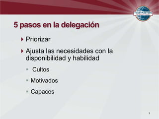 5 pasos en la delegación
 Priorizar
 Ajusta las necesidades con la
  disponibilidad y habilidad
    Cultos
    Motivados
    Capaces


                                  3
 