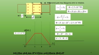 6

0

0
( )
s
t
( )
Wb





d
l=0,25m d=0,4m R*=1Ω/m υ=0,05m/s Β=0,4Τ
α) Μαγνητική ροή που διέρχεται από το πλαίσιο.
5 8




13
 