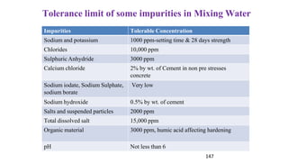 147
Impurities Tolerable Concentration
Sodium and potassium 1000 ppm-setting time & 28 days strength
Chlorides 10,000 ppm
Sulphuric Anhydride 3000 ppm
Calcium chloride 2% by wt. of Cement in non pre stresses
concrete
Sodium iodate, Sodium Sulphate,
sodium borate
Very low
Sodium hydroxide 0.5% by wt. of cement
Salts and suspended particles 2000 ppm
Total dissolved salt 15,000 ppm
Organic material 3000 ppm, humic acid affecting hardening
pH Not less than 6
Tolerance limit of some impurities in Mixing Water
 