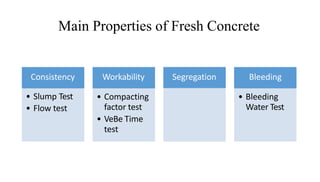 Main Properties of Fresh Concrete
Consistency
• Slump Test
• Flow test
Workability
• Compacting
factor test
• VeBe Time
test
Segregation Bleeding
• Bleeding
Water Test
 
