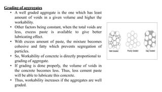 Grading of aggregates
• A well graded aggregate is the one which has least
amount of voids in a given volume and higher the
workability.
• Other factors being constant, when the total voids are
less, excess paste is available to give better
lubricating effect.
• With excess amount of paste, the mixture becomes
cohesive and fatty which prevents segregation of
particles.
• So, Workability of concrete is directly proportional to
grading of aggregate.
• If grading is done properly, the volume of voids in
the concrete becomes less. Thus, less cement paste
will be able to lubricate this concrete.
• Thus, workability increases if the aggregates are well
graded.
 