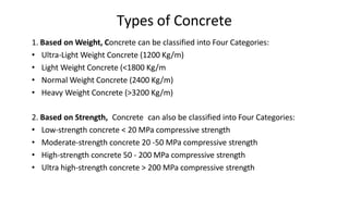 Types of Concrete
1. Based on Weight, Concrete can be classified into Four Categories:
• Ultra-Light Weight Concrete (1200 Kg/m)
• Light Weight Concrete (<1800 Kg/m
• Normal Weight Concrete (2400 Kg/m)
• Heavy Weight Concrete (>3200 Kg/m)
2. Based on Strength, Concrete can also be classified into Four Categories:
• Low-strength concrete < 20 MPa compressive strength
• Moderate-strength concrete 20 -50 MPa compressive strength
• High-strength concrete 50 - 200 MPa compressive strength
• Ultra high-strength concrete > 200 MPa compressive strength
 
