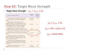 Step 02: Target Mean Strength
⦁ Target Mean Strength 𝑓𝑚 = 𝑓𝑚𝑖𝑛 + 𝑘𝑠
𝑓𝑚= 𝑓𝑚𝑖𝑛 + 𝑘𝑠
𝑓𝑚= 30 + 1.65 𝑥 4.2
𝑓𝑚= 36.93 𝑀𝑃𝑎
 