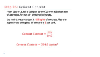 Step 05: Cement Content
⦁ FromT
able 11.8,for a slump of 50 mm,20 mm maximum size
of aggregate,for non air- entrained concrete,
⦁ the mixing water content is 185 kg/m3of concrete.Also the
approximate entrapped air content is 2 per cent.
𝐶𝑒𝑚𝑒𝑛𝑡 𝐶𝑜𝑛𝑡𝑒𝑛𝑡 =
185
0.47
𝐶𝑒𝑚𝑒𝑛𝑡 𝐶𝑜𝑛𝑡𝑒𝑛𝑡 = 394.0 𝑘𝑔/𝑚3
 