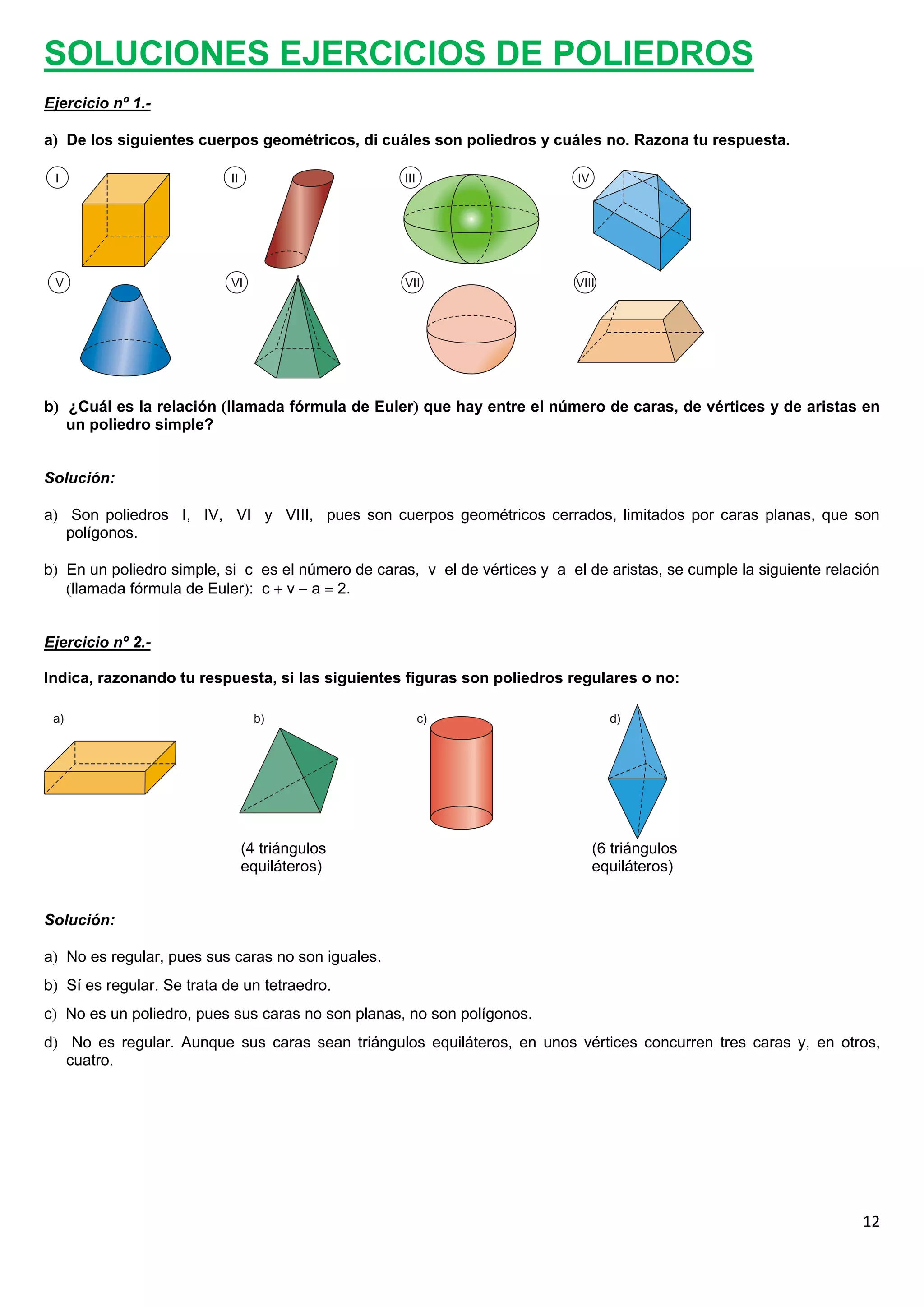SOLUCIONES EJERCICIOS DE POLIEDROS
Ejercicio nº 1.-

a De los siguientes cuerpos geométricos, di cuáles son poliedros y cuáles no. Razona tu respuesta.




b ¿Cuál es la relación llamada fórmula de Euler que hay entre el número de caras, de vértices y de aristas en
   un poliedro simple?


Solución:

a Son poliedros I, IV, VI y VIII, pues son cuerpos geométricos cerrados, limitados por caras planas, que son
   polígonos.

b En un poliedro simple, si c es el número de caras, v el de vértices y a el de aristas, se cumple la siguiente relación
   llamada fórmula de Euler: c  v  a  2.


Ejercicio nº 2.-

Indica, razonando tu respuesta, si las siguientes figuras son poliedros regulares o no:




                             (4 triángulos                                     (6 triángulos
                             equiláteros)                                      equiláteros)


Solución:

a No es regular, pues sus caras no son iguales.
b Sí es regular. Se trata de un tetraedro.
c No es un poliedro, pues sus caras no son planas, no son polígonos.
d No es regular. Aunque sus caras sean triángulos equiláteros, en unos vértices concurren tres caras y, en otros,
   cuatro.




                                                                                                                      12
 