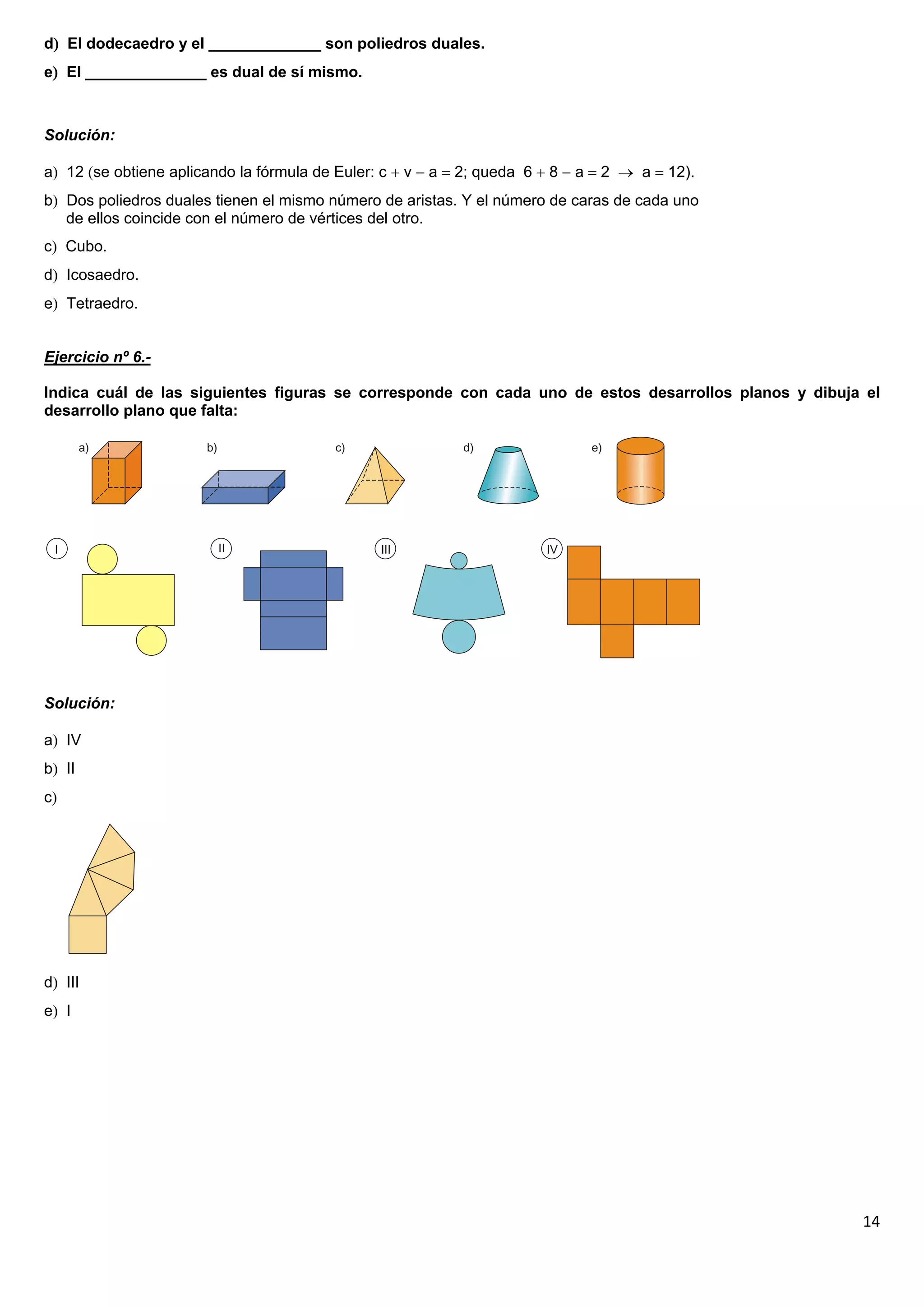 d El dodecaedro y el _____________ son poliedros duales.
e El ______________ es dual de sí mismo.



Solución:

a 12 se obtiene aplicando la fórmula de Euler: c  v  a  2; queda 6  8  a  2  a  12).
b Dos poliedros duales tienen el mismo número de aristas. Y el número de caras de cada uno
   de ellos coincide con el número de vértices del otro.
c Cubo.
d Icosaedro.
e Tetraedro.


Ejercicio nº 6.-

Indica cuál de las siguientes figuras se corresponde con cada uno de estos desarrollos planos y dibuja el
desarrollo plano que falta:




Solución:

a IV
b II
c




d III
e I




                                                                                                      14
 
