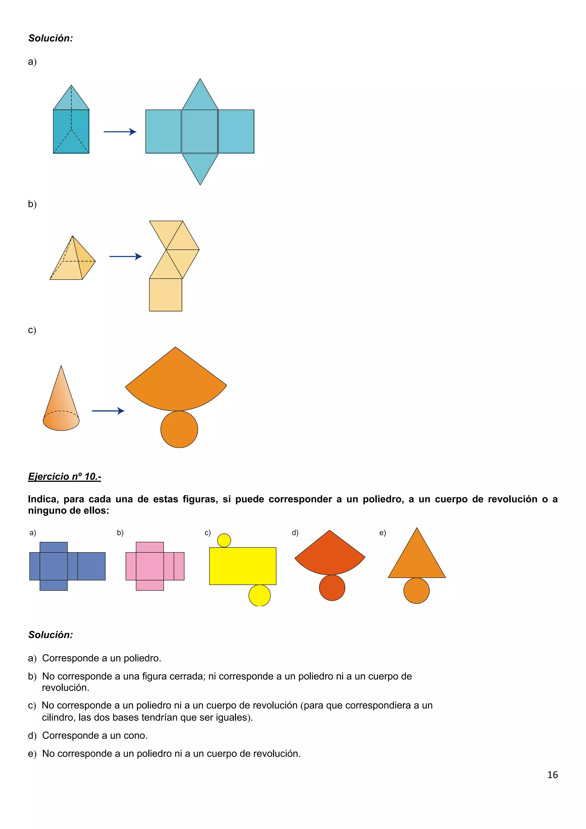 Solución:

a




b




c




Ejercicio nº 10.-

Indica, para cada una de estas figuras, si puede corresponder a un poliedro, a un cuerpo de revolución o a
ninguno de ellos:




Solución:

a Corresponde a un poliedro.
b No corresponde a una figura cerrada; ni corresponde a un poliedro ni a un cuerpo de
   revolución.
c No corresponde a un poliedro ni a un cuerpo de revolución para que correspondiera a un
   cilindro, las dos bases tendrían que ser iguales.
d Corresponde a un cono.
e No corresponde a un poliedro ni a un cuerpo de revolución.

                                                                                                       16
 