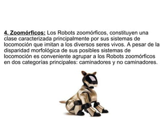   4. Zoomórficos:  Los Robots zoomórficos, constituyen una clase caracterizada principalmente por sus sistemas de locomoción que imitan a los diversos seres vivos. A pesar de la disparidad morfológica de sus posibles sistemas de locomoción es conveniente agrupar a los Robots zoomórficos en dos categorías principales: caminadores y no caminadores. 
