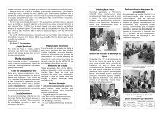 Isaias expressa o amor de Deus que intervém nos momentos difíceis assim:                    Celebração de Natal                Confraternização dos grupos de
““ Porque assim diz o Alto, o Sublime, que habita a eternidade, o qual tem o         Domingo passado, o Ministério                     crescimentos
nome de Santo: Habito no alto e santo lugar, mas habito também com o                 Infantil ficou responsável pela         Foi realizada na quinta, dia 20/12, a
contrito e abatido de espírito, para vivificar o espírito dos abatidos e vivificar   celebração do Natal durante o culto     confraternização dos grupos de
o coração dos contritos” (Is.57:15). Mas Deus não vai arrombar a tua alma,           à noite. Foi uma comemoração            crescimento que se reúnem
você precisa fazer a tua parte.                                                      singela, com pantomima, fantoche,       semanalmente em diversas casas de
   No livro de Apocalipse, Jesus diz: “ Eis que estou à porta e bato; se alguém      dança e um teatrinho. Parabéns a        irmãos da igreja. Testemunhos do
ouvir a minha voz e abrir a porta, entrarei em sua casa e cearei com ele, e          todos que colaboraram com a             andamento dos trabalhos foram
ele, comigo” (Ap.. 3:20). Isso é Natal. Jesus veio para trazer a verdadeira          execução da celebração!                 dados, confirmando que o trabalho
alegria, a verdadeira paz. “Deixo-vos a paz, a minha paz vos dou; não vo-la                                                  caminha, apesar das dificuldades. O
dou como a dá o mundo. Não se turbe o vosso coração, nem se atemorize                                                        desafio é consolidar o trabalho em
(Jo. 15:27).                                                                                                                 2013, através de um comprometi-
   Se você não tem essa paz, não procure nas comidas, nas compras, nas                                                       mento maior da liderança e dos
diversões, procure em Jesus. Abra seu coração, Ele te dará a paz que o                                                       membros da igreja.
mundo não pode dar.
Feliz Natal!
   Pr. Levi P. Fernandes
          Pastor Denirval                       Programação da semana
No culto de hoje à noite, estará         Considerando os feriados de Natal e
conosco o pr. Denirval, ministrado a     ano novo, período em que muitos
palavra em nossa igreja. Ore por ele     irmãos viajarão, estamos suspen-
                                         dendo as atividades dos grupos de           Reunião de oficiais e a liderança da
e pela programação.
                                         crescimento na última semana de                           igreja
        Oferta missionária               dezembro e na primeira semana de            Segunda, dia 17/12, a liderança da
Hoje, durante o culto, consagrare-       janeiro. A partir do dia 06/01/13, as       igreja se reuniu na casa do pr Levi
mos a oferta missionária, como de        atividades voltarão ao normal.              para uma reunião para reflexão do
costume. Venha preparado para este            Momento de oração                      trabalho no ano e para uma              Representantes de todos os grupos de crescimento
gesto missionário.                  Todas as sextas, das 12h às 12h10,               confraternização. Foram momentos                      estiveram presentes.

                                    estamos ligados a uma corrente de                em que todos puderam se colocar
    Culto de passagem de ano                                                         diante de Deus e pedir perdão pelas
                                    oração. Não fique de fora, ore
Este ano, excepcionalmente, fare-                                                    falhas assumidas numa avaliação
                                    conosco! Se você tiver disposição,
mos o culto de passagem de ano na                                                    pessoal e individual. Após a celebra-
                                    dedique o dia ou parte dele em
igreja dos Marques, com início às                                                    ção da Ceia do Senhor, uma troca de
                                    oração e jejum. Participe deste
22h. Aqueles que desejam participar                                                  mimos e um lanchão, marca regis-
                                    mutirão de fé!
e não conhecem o caminho ou não                                                      trada da culinária pastoral.
tem condução, falem com o pastor               Motivos de oração
(com antecedência!). Após o culto * Ore pelos nossos grupos casei-ros,
teremos um momento de comunhão pelos líderes, pelas famílias que
e celebração do ano novo.           recebem e pelos seus vizinhos,
                                    amigos e familiares.
          Escola Dominical          * Ore pelas pessoas enfermas:                                                                  O grupo de crescimento que se reúne na Vila
No próximo domingo, dia 30/12, não - Pra. Ana Glória e pr Moranguinho;                                                                              Rezende.
teremos Escola Dominical, apenas o - Pra. Railda (Metodista de Assis);                                                         Escala da diaconia para dezembro
culto, fiquem atentos. Retornaremos - Pr. Rui Sérgio Simões;
às atividades normais a partir do - Pr. Luis Callaú (Metodista da Paulis-                                                    DIA      PORTA DA FRENTE
                                                                                                                                                           LATERAL ESQUERDA
                                                                                                                                                            (estacionamento)
                                                                                                                                                                               LATERAL DIREITA
                                                                                                                                                                                   (salas)
domingo, dia 06/01.                 ta)                                                                                      23     José Reis    Nadir            Fred            Edilaine
                                                                                                                             30       Geni      Jonathas         Israel          Elisangela
 