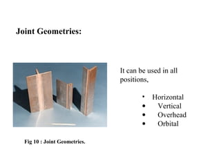 Joint Geometries:
It can be used in all
positions,
• Horizontal
• Vertical
• Overhead
• Orbital
Fig 10 : Joint Geometries.
 