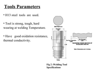 Tools Parameters
• H13 steel tools are used.
• Tool is strong, tough, hard
wearing at welding Temperature.
• Have good oxidation resistance,
thermal conductivity.
Fig 2 :Welding Tool
Specifications
 