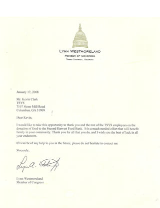 Congressional appreciation letter