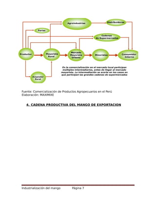 Fuente: Comercialización de Productos Agropecuarios en el Perú
Elaboración: MAXIMIXE
4. CADENA PRODUCTIVA DEL MANGO DE EXPORTACION
Industrialización del mango Página 7
 