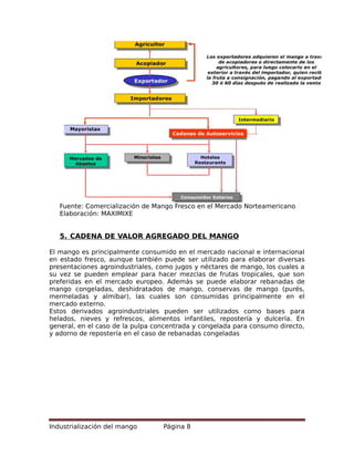 Fuente: Comercialización de Mango Fresco en el Mercado Norteamericano
Elaboración: MAXIMIXE
5. CADENA DE VALOR AGREGADO DEL MANGO
El mango es principalmente consumido en el mercado nacional e internacional
en estado fresco, aunque también puede ser utilizado para elaborar diversas
presentaciones agroindustriales, como jugos y néctares de mango, los cuales a
su vez se pueden emplear para hacer mezclas de frutas tropicales, que son
preferidas en el mercado europeo. Además se puede elaborar rebanadas de
mango congeladas, deshidratados de mango, conservas de mango (purés,
mermeladas y almíbar), las cuales son consumidas principalmente en el
mercado externo.
Estos derivados agroindustriales pueden ser utilizados como bases para
helados, nieves y refrescos, alimentos infantiles, repostería y dulcería. En
general, en el caso de la pulpa concentrada y congelada para consumo directo,
y adorno de repostería en el caso de rebanadas congeladas
Industrialización del mango Página 8
 