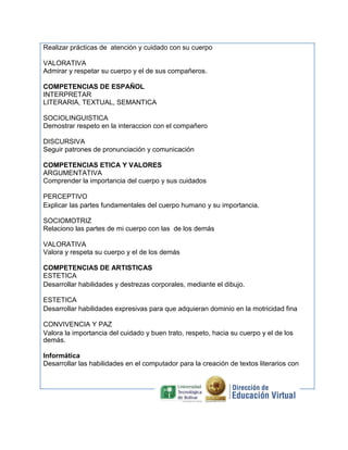 Realizar prácticas de atención y cuidado con su cuerpo
VALORATIVA
Admirar y respetar su cuerpo y el de sus compañeros.
COMPETENCIAS DE ESPAÑOL
INTERPRETAR
LITERARIA, TEXTUAL, SEMANTICA
SOCIOLINGUISTICA
Demostrar respeto en la interaccion con el compañero
DISCURSIVA
Seguir patrones de pronunciación y comunicación
COMPETENCIAS ETICA Y VALORES
ARGUMENTATIVA
Comprender la importancia del cuerpo y sus cuidados
PERCEPTIVO
Explicar las partes fundamentales del cuerpo humano y su importancia.
SOCIOMOTRIZ
Relaciono las partes de mi cuerpo con las de los demás
VALORATIVA
Valora y respeta su cuerpo y el de los demás
COMPETENCIAS DE ARTISTICAS
ESTETICA
Desarrollar habilidades y destrezas corporales, mediante el dibujo.
ESTETICA
Desarrollar habilidades expresivas para que adquieran dominio en la motricidad fina
CONVIVENCIA Y PAZ
Valora la importancia del cuidado y buen trato, respeto, hacia su cuerpo y el de los
demás.
Informática
Desarrollar las habilidades en el computador para la creación de textos literarios con
 