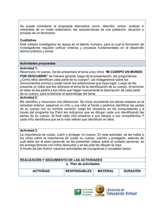 Se puede considerar la propuesta descriptiva como: describir, entrar, analizar e
interpretar de un modo sistemático, las características de una población, situación o
proceso de un fenómeno.
Cualitativa.
Este método investigativo se apoya en el talento humano, para lo cual la formación de
investigadores requiere unificar criterios y procesos fundamentales en el desarrollo
teórico-práctico y social
Actividades propuestas
Actividad 1:
Reconozco mi cuerpo. Se les presentara el tema a los niños “MI CUERPO UN MUNDO
POR DESCUBRIR” de manera general, luego de la presentación, les preguntamos
¿Cómo ellos identifican cada parte de su cuerpo?, así indagaremos sobre los
conocimientos previos y poder hacer las aclaraciones que haya lugar. Luego se les
presenta un video que les reforzara el tema de la identificación de su cuerpo. Al terminar
el video se les pedirá a los niños que hagan nuevamente la descripción de cada parte
de su cuerpo, para evidenciar el aprendizaje del tema.
Actividad 2:
Me identifico y reconozco mis diferencias. Se inicia recordando los temas tratados en la
actividad anterior, pasamos un niño y una niña al frente y pedimos identificar las partes
de su cuerpo con su nombre correcto, luego los ubicamos en los computadores y a
través del programa tux Paint les indicamos que se dibujen cada uno identificando las
partes de su cuerpo. Al final cada niño presenta a sus dibujos a sus compañeritos Y
cada niño identificara que es lo más valioso que identifican en ellos.
Actividad 3:
La importancia de cuidar, cubrir y proteger mi cuerpo. En esta actividad, se les habla a
los niños sobre la importancia de cuidar su cuerpo, cubrirlo y protegerlo, además de
cuál debe ser el aseo personal, se les presentan videos sobre el cuidado personal, se
les entrega láminas con niños desnudos y se les pide les dibujen la ropa.
A través de jclic Author creamos actividades de crucigramas y completar textos
REALIZACIÓN Y SEGUIMIENTO DE LAS ACTIVIDADES
a. Plan de actividades
ACTIVIDAD RESPONSABLES MATERIAL DURACIÓN
 