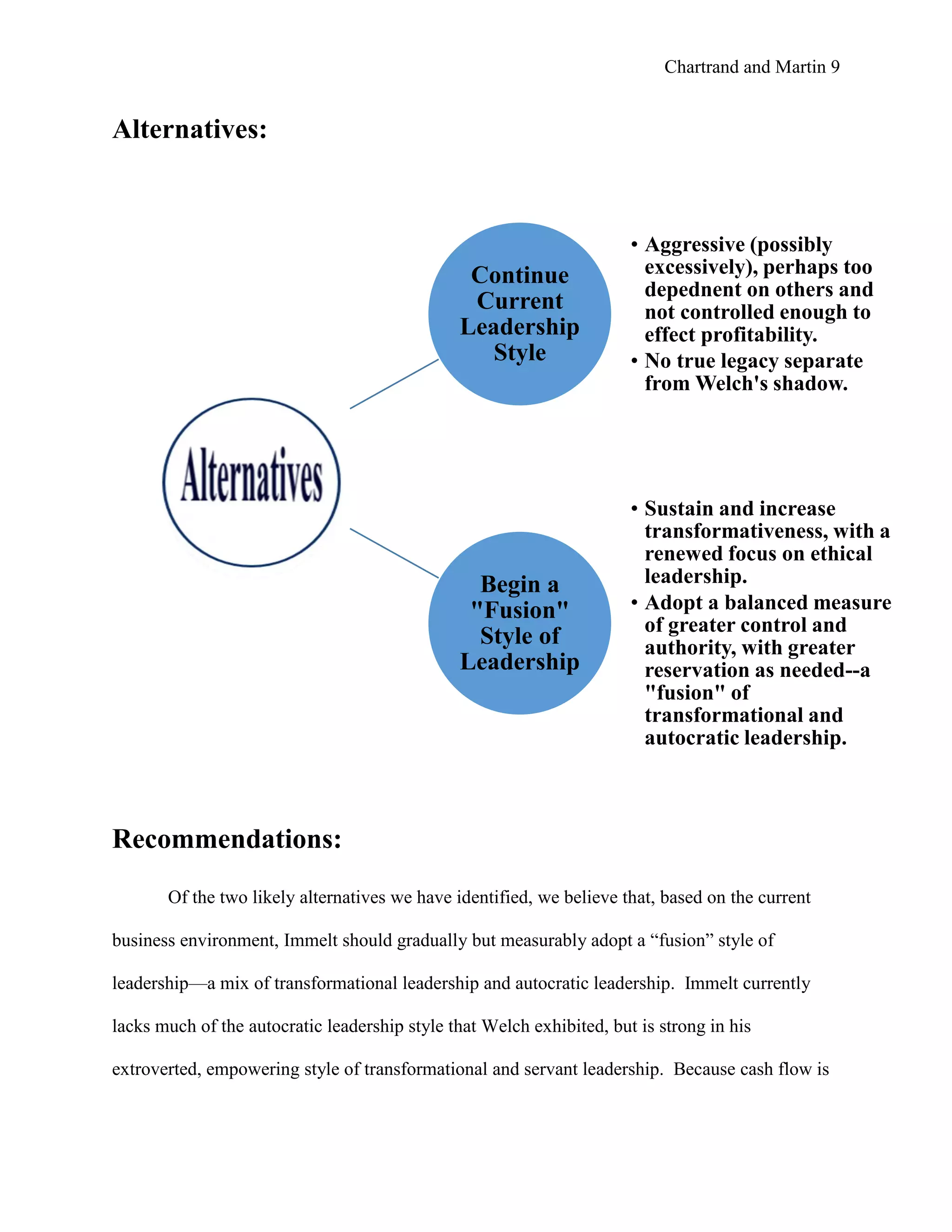 Chartrand and Martin 9
Alternatives:
Recommendations:
Of the two likely alternatives we have identified, we believe that, based on the current
business environment, Immelt should gradually but measurably adopt a “fusion” style of
leadership—a mix of transformational leadership and autocratic leadership. Immelt currently
lacks much of the autocratic leadership style that Welch exhibited, but is strong in his
extroverted, empowering style of transformational and servant leadership. Because cash flow is
Continue
Current
Leadership
Style
• Aggressive (possibly
excessively), perhaps too
depednent on others and
not controlled enough to
effect profitability.
• No true legacy separate
from Welch's shadow.
Begin a
"Fusion"
Style of
Leadership
• Sustain and increase
transformativeness, with a
renewed focus on ethical
leadership.
• Adopt a balanced measure
of greater control and
authority, with greater
reservation as needed--a
"fusion" of
transformational and
autocratic leadership.
 