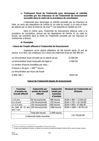 c- Traitement fiscal de l’indemnité pour dommages et intérêts
                     accordée par les tribunaux et de l’indemnité de licenciement
                     accordée dans le cadre de la procédure de conciliation

              L’indemnité pour dommages et intérêts accordée par les tribunaux et
fixée, en vertu des dispositions de l’article 41 du code du travail, à un mois et demi
de salaires par an dans la limite de 36 mois136, est exonérée en totalité de l’I.R.

              Dans le même sens, l’indemnité de licenciement obtenue suite à la
procédure de conciliation, prévue par les dispositions de l’article 41 du code du
travail, est exonérée dans la limite de l’indemnité accordée par les tribunaux et
mentionnée ci-dessus.

                  d- Exemples

- Calcul de l’impôt afférent à l’indemnité de licenciement

              Supposons qu’un salarié célibataire ait été licencié après 22 ans de
service. A ce titre, son employeur lui a versé une indemnité brute de 200 000 DH.

La rémunération brute annuelle de ce salarié est de :                                                   72 000 DH
La rémunération brute mensuelle est égale à :                                                             6 000 DH
Le nombre d’heures travaillées par mois :
8 heures x 26 jours = 208137 heures
La rémunération par heure de travail
6 000/ 208 =                                                                                              28,84 DH


                              Calcul de l'indemnité légale de licenciement


         Tranches                      Indemnité par                      Indemnité               Montant de l'indemnité en
       d'années de                    année de travail                    totale par                      dirhams
      travail effectif                    effectif                         tranches
                                                                           d'années
1 à 5 ans                           96 heures/année                    480 heures               28,84     x   480 = 13 843,20
6 à 10 ans                          144 heures/année                   720 heures               28,84     x   720 = 20 764,80
11 à 15 ans                         192 heures/année                   960 heures               28,84     x   960= 27 686,40
Au delà de 15 ans                   240 heures/année                   1680 heures              28,84     x   1680 = 48 451,20
soit 7 ans
                                    Total des heures                   3 840 heures
                                                                                                              110 745,60 DH
                          L’indemnité totale exonérée



136
      36 mois constituent un plafond correspondant à 24 ans de services
137
      Il s’agit d’une hypothèse de travail. La fixation de la durée du travail est précisée à l’article 184 du code du travail. Susvisé


D.G.I.                                                              328
Avril 2011
 