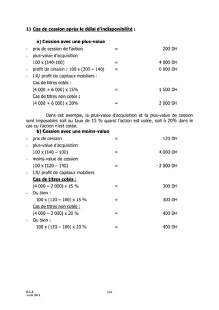 1) Cas de cession après le délai d'indisponibilité :

       a) Cession avec une plus-value
-   prix de cession de l’action                   =                 200 DH
-   plus-value d’acquisition
    100 x (140-100)                               =               4 000 DH
-   profit de cession : 100 x (200 Ŕ 140)         =               6 000 DH
-   I.R/ profit de capitaux mobiliers :
    Cas de titres cotés :
    (4 000 + 6 000) x 15%                         =               1 500 DH
    Cas de titres non cotés :
    (4 000 + 6 000) x 20%                         =               2 000 DH

           Dans cet exemple, la plus-value d’acquisition et la plus-value de cession
sont imposables soit au taux de 15 % quand l’action est cotée, soit à 20% dans le
cas ou l’action n’est cotée.
     b) Cession avec une moins-value
-   prix de cession                               =                 120 DH
-   plus-value d’acquisition
    100 x (140 Ŕ 100)                             =               4 000 DH
-   moins-value de cession
    100 x (120 Ŕ 140)                             =              - 2 000 DH
-   I.R/ profit de capitaux mobiliers
    Cas de titres cotés :
    (4 000 Ŕ 2 000) x 15 %                        =                 300 DH
-   Ou bien :
       100 x (120 Ŕ 100) x 15 %                   =                 300 DH
    Cas de titres non cotés :
    (4 000 Ŕ 2 000) x 20 %                        =                 400 DH
-   Ou bien :
       100 x (120 Ŕ 100) x 20 %                   =                 400 DH




D.G.I.                                      349
Avril 2011
 