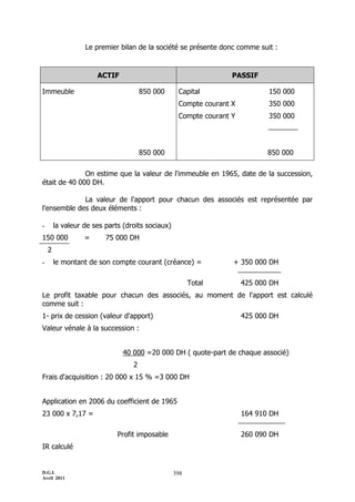 Le premier bilan de la société se présente donc comme suit :


                      ACTIF                                       PASSIF

Immeuble                              850 000      Capital                   150 000
                                                   Compte courant X          350 000
                                                   Compte courant Y          350 000




                                      850 000                                850 000

              On estime que la valeur de l'immeuble en 1965, date de la succession,
était de 40 000 DH.

             La valeur de l'apport pour chacun des associés est représentée par
l'ensemble des deux éléments :

-       la valeur de ses parts (droits sociaux)
150 000           =      75 000 DH
    2
-       le montant de son compte courant (créance) =              + 350 000 DH

                                                        Total         425 000 DH
Le profit taxable pour chacun des associés, au moment de l'apport est calculé
comme suit :
1- prix de cession (valeur d'apport)                                  425 000 DH
Valeur vénale à la succession :


                               40 000 =20 000 DH ( quote-part de chaque associé)
                                  2
Frais d'acquisition : 20 000 x 15 % =3 000 DH


Application en 2006 du coefficient de 1965
23 000 x 7,17 =                                                       164 910 DH

                             Profit imposable                         260 090 DH
IR calculé


D.G.I.                                            398
Avril 2011
 