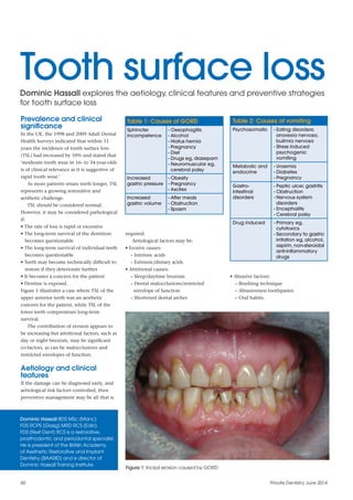Prevalence and clinical
significance
In the UK, the 1998 and 2009 Adult Dental
Health Surveys indicated that within 11
years the incidence of tooth surface loss
(TSL) had increased by 10% and stated that
‘moderate tooth wear in 16- to 34-year-olds
is of clinical relevance as it is suggestive of
rapid tooth wear.’
As more patients retain teeth longer, TSL
represents a growing restorative and
aesthetic challenge.
TSL should be considered normal.
However, it may be considered pathological
if:
• The rate of loss is rapid or excessive
• The long-term survival of the dentition
becomes questionable
• The long-term survival of individual teeth
becomes questionable
• Teeth may become technically difficult to
restore if they deteriorate further
• It becomes a concern for the patient
• Dentine is exposed.
Figure 1 illustrates a case where TSL of the
upper anterior teeth was an aesthetic
concern for the patient, while TSL of the
lower teeth compromises long-term
survival.
The contribution of erosion appears to
be increasing but attritional factors, such as
day or night bruxism, may be significant
co-factors, as can be malocclusions and
restricted envelopes of function.
Aetiology and clinical
features
If the damage can be diagnosed early, and
aetiological risk factors controlled, then
preventive management may be all that is
required.
Aetiological factors may be:
• Erosive causes:
– Intrinsic acids
– Extrinsic/dietary acids
• Attritional causes:
– Sleep/daytime bruxism
– Dental malocclusions/restricted
envelope of function
– Shortened dental arches
• Abrasive factors:
– Brushing technique
– Abrasiveness toothpastes
– Oral habits.
Table 2: Causes of vomiting
Psychosomatic - Eating disorders;
anorexia nervosa,
bulimia nervosa
- Stress induced
psychogenic
vomiting
Metabolic and
endocrine
- Uraemia
- Diabetes
- Pregnancy
Gastro-
intestinal
disorders
- Peptic ulcer, gastritis
- Obstruction
- Nervous system
disorders
- Encephalitis
- Cerebral palsy
Drug induced - Primary eg,
cytotoxics
- Secondary to gastric
irritation eg, alcohol,
aspirin, non-steroidal
anti-inflammatory
drugs
Figure 1: Incisal erosion caused by GORD
Tooth surface lossDominic Hassall explores the aetiology, clinical features and preventive strategies
for tooth surface loss
Dominic Hassall BDS MSc (Manc)
FDS RCPS (Glasg) MRD RCS (Edin)
FDS (Rest Dent) RCS is a restorative,
prosthodontic and periodontal specialist.
He is president of the British Academy
of Aesthetic Restorative and Implant
Dentistry (BAARID) and is director of
Dominic Hassall Training Institute.
60 	 Private Dentistry June 2014
Table 1: Causes of GORD
Sphincter
incompetence
- Oesophagitis
- Alcohol
- Hiatus hernia
- Pregnancy
- Diet
- Drugs eg, diazepam
- Neuromuscular eg,
cerebral palsy
Increased
gastric pressure
- Obesity
- Pregnancy
- Ascites
Increased
gastric volume
- After meals
- Obstruction
- Spasm
 