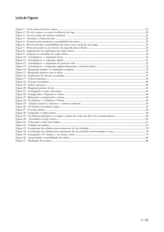 Lista de Figuras 
Figura 1 - Corte transversal dos corpos................................................................................................................................................19 
Figura 2 - Os três corpos e os cinco invólucros da yoga....................................................................................................................20 
Figura 3 - Os sete corpos do sistema ocidental...................................................................................................................................21 
Figura 4 - Ativando o chakra da mão....................................................................................................................................................25 
Figura 5 - Exercício para aumentar a sensibilidade das mãos............................................................................................................25 
Figura 6 - Desenvolvendo a sensibilidade das mãos com a ajuda de um amigo.............................................................................25 
Figura 7 - Prana movendo-se em circuito da esquerda para a direita...............................................................................................26 
Figura 8 - mapeamento ou exploração do corpo etérico....................................................................................................................29 
Figura 9 - Limpeza ou varredura do corpo etérico..............................................................................................................................30 
Figura 10 - Autolimpeza — inspiração lenta........................................................................................................................................31 
Figura 11 - Autolimpeza — expiração rápida......................................................................................................................................31 
Figura 12 - Autolimpeza — inspiração do prana do solo..................................................................................................................32 
Figura 13 - Autolimpeza — Expiração rápida eliminando o material etérico.................................................................................32 
Figura 14 - Respiração prânica ou respiração completa.....................................................................................................................35 
Figura 15 - Respiração prânica com as mãos.......................................................................................................................................35 
Figura 16 - Exploração do circuito secundário....................................................................................................................................37 
Figura 17 - Circuito primário..................................................................................................................................................................38 
Figura 18 - Circuito secundário..............................................................................................................................................................38 
Figura 19 - Soltar o pescoço...................................................................................................................................................................40 
Figura 20 - Diagrama prânico do pé......................................................................................................................................................42 
Figura 21 - Carregando o corpo com prana.........................................................................................................................................43 
Figura 22 - Energizando e limpando a coluna.....................................................................................................................................44 
Figura 23 - Relaxando e energizando a coluna.....................................................................................................................................44 
Figura 24 - Os chakras — Ocidente e Oriente....................................................................................................................................49 
Figura 25 - Chakras maiores e menores — sistema ocidental..........................................................................................................50 
Figura 26 - Os chakras na tradição yogue.............................................................................................................................................52 
Figura 27 - O corpo etérico....................................................................................................................................................................58 
Figura 28 - Limpando o corpo etérico..................................................................................................................................................58 
Figura 29 - Os chakras principais e os órgãos e partes do corpo que lhes são correspondentes..................................................60 
Figura 30 - . Fechando o corpo etérico.................................................................................................................................................60 
Figura 31 - Colocando a mão num chakra...........................................................................................................................................61 
Figura 32 - Abrindo um chakra..............................................................................................................................................................61 
Figura 33 - Localização dos chakras para tratamento de um resfriado.............................................................................................78 
Figura 34 - Localização dos chakras para tratamento de um resfriado com bronquite e tosse.....................................................78 
Figura 35 - Carregando o 6° chakra — na frente e atrás....................................................................................................................79 
Figura 36 - Aumentando a sensibilidade dos dedos............................................................................................................................86 
Figura 37 - Meditação do coração.........................................................................................................................................................88 
7 / 92 
 