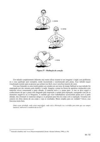 Figura 37 - Meditação do coração. 
Um método completamente diferente mas muito eficaz resume-se em imaginar o órgão com problemas ou o osso quebrado (por exemplo), sendo reconstruído e reestruturado pelo prana. Esse método requer visualização mental; para as pessoas que acham isso fácil, essa é uma boa maneira de curar. 
Um osso fraturado cu uma torção podem ser curados em um terço do tempo habitual se esse método for empregado por dez minutos pela manhã e à tarde. Imagine o prana na forma de operários minúsculos com materiais novos consertando a parte afetada. O material novo é o prana puro. A isso se deve seguir o conhecimento de que o prana está chegando pela inspiração e saindo pela expiração, carregando com ele os elementos negativos ou os bloqueios. A medida que esses trabalhadores acrescentam prana novo à parte afetada, eles eliminam os materiais antigos e os projetam para fora do corpo com a expiração. Visualize um canteiro de obras dentro do seu corpo e veja os resultados. Muito simples para ser verdade? Talvez, mas funciona muito bem. 
Onde existe atividade, onde existe inatividade; onde está a libertação ou a servidão para mim que sou sempre imutável, indivisível e estabelecido no Eu?39 
39 Astavakva Samhita, trad. Swami Nityaswarupananda (Calcutá: Advaita Ashrama, 1990), p. 194. 88 / 92 
 