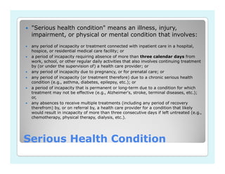 "Serious health condition" means an illness, injury,
 impairment, or physical or mental condition that involves:
 any period of incapacity or treatment connected with inpatient care in a hospital,
 hospice, or residential medical care facility; or
 a period of incapacity requiring absence of more than three calendar days from
 work, school, or other regular daily activities that also involves continuing treatment
 by (or under the supervision of) a health care provider; or
 any period of incapacity due to pregnancy, or for prenatal care; or
 any period of incapacity (or treatment therefore) due to a chronic serious health
 condition (e.g., asthma, diabetes, epilepsy, etc.); or
 a period of incapacity that is permanent or long-term due to a condition for which
 treatment may not be effective (e.g., Alzheimer's, stroke, terminal diseases, etc.);
 or,
 any absences to receive multiple treatments (including any period of recovery
 therefrom) by, or on referral by, a health care provider for a condition that likely
 would result in incapacity of more than three consecutive days if left untreated (e.g.,
 chemotherapy, physical therapy, dialysis, etc.).




Serious Health Condition
 
