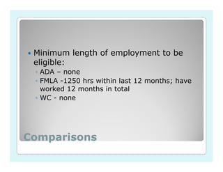 Minimum length of employment to be
 eligible:
 ◦ ADA – none
 ◦ FMLA -1250 hrs within last 12 months; have
   worked 12 months in total
 ◦ WC - none




Comparisons
 