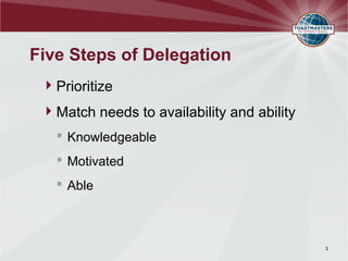 Five Steps of Delegation
  Prioritize
  Match needs to availability and ability
    Knowledgeable
    Motivated
    Able



                                             3
 