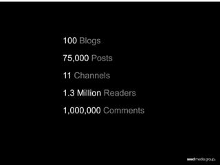 100 Blogs

75,000 Posts

11 Channels

1.3 Million Readers

1,000,000 Comments
 