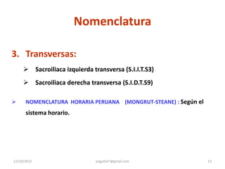 Nomenclatura

3. Transversas:
      Sacroiliaca izquierda transversa (S.I.I.T.S3)
      Sacroiliaca derecha transversa (S.I.D.T.S9)

     NOMENCLATURA HORARIA PERUANA (MONGRUT-STEANE) : Según el
      sistema horario.




12/10/2012                     jraguilarf @gmail.com             13
 