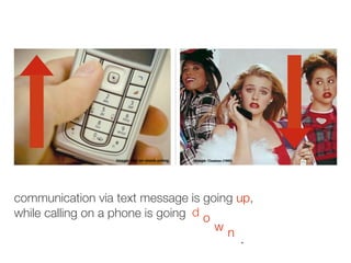 image: digi on stock.xchng   image: Clueless (1995)




communication via text message is going up,
while calling on a phone is going d o
                                      wn
                                                                        .
 