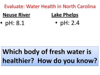 Evaluate: Water Health in North Carolina
Neuse River          Lake Phelps
• pH: 8.1              • pH: 2.4



Which body of fresh water is
healthier? How do you know?
 