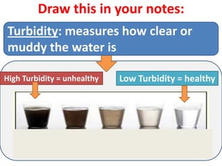 Draw this in your notes:
Turbidity: measures how clear or
muddy the water is

High Turbidity = unhealthy   Low Turbidity = healthy
 