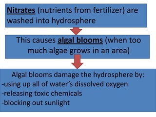 Nitrates (nutrients from fertilizer) are
 washed into hydrosphere

    This causes algal blooms (when too
       much algae grows in an area)

    Algal blooms damage the hydrosphere by:
-using up all of water’s dissolved oxygen
-releasing toxic chemicals
-blocking out sunlight
 