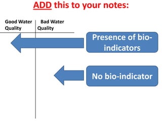 ADD this to your notes:
Good Water  Bad Water
Quality    Quality
                        Presence of bio-
                           indicators


                        No bio-indicator
 