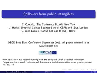 Spillovers from public intangibles
C. Corrado, (The Conference Board), New York
J. Haskel, (Imperial College Business School, CEPR and IZA), London
C. Jona-Lasinio, (LUISS Lab and ISTAT), Rome
OECD Blue Skies Conference, September 2016. All papers referred to at
www.spintan.net
www.spintan.net has received funding from the European Union's Seventh Framework
Programme for research, technological development and demonstration under grant agreement
No. 612774
Corrado, Haskel, Jona-Lasinio SPINTAN 1 / 12
 